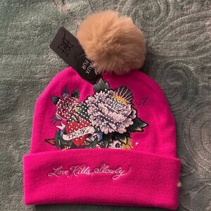 Ed Hardy Fuchsia Beanie with Tan Pom Pom